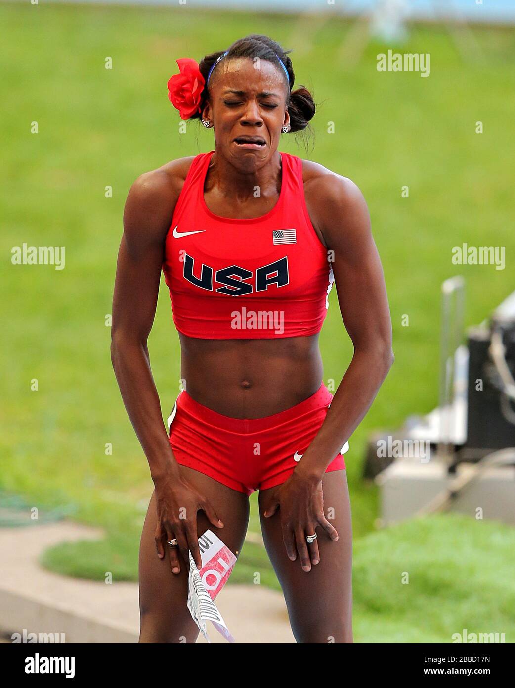 USA's Alysia Johnson Montano reacts after she fell across the line during the Women's 800 metres final Stock Photo