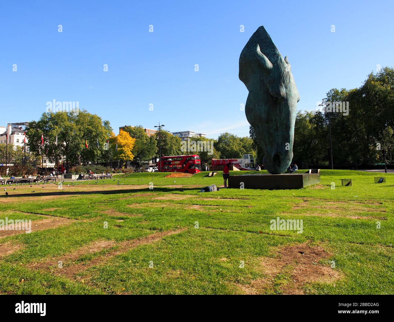 Horse head statue, outdoor bronze sculpture at Marble Arch in Hyde Park