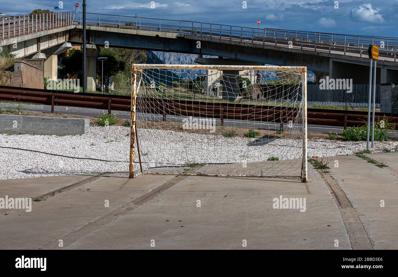 Sardinia; Italy; soccer goals on an asphalt court in the small port town of figari on the golf aranci Stock Photo