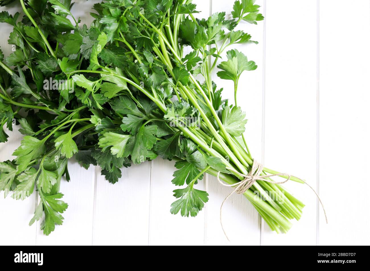 Fresh bunch of parsley tied with ribbon isolated on white background ...