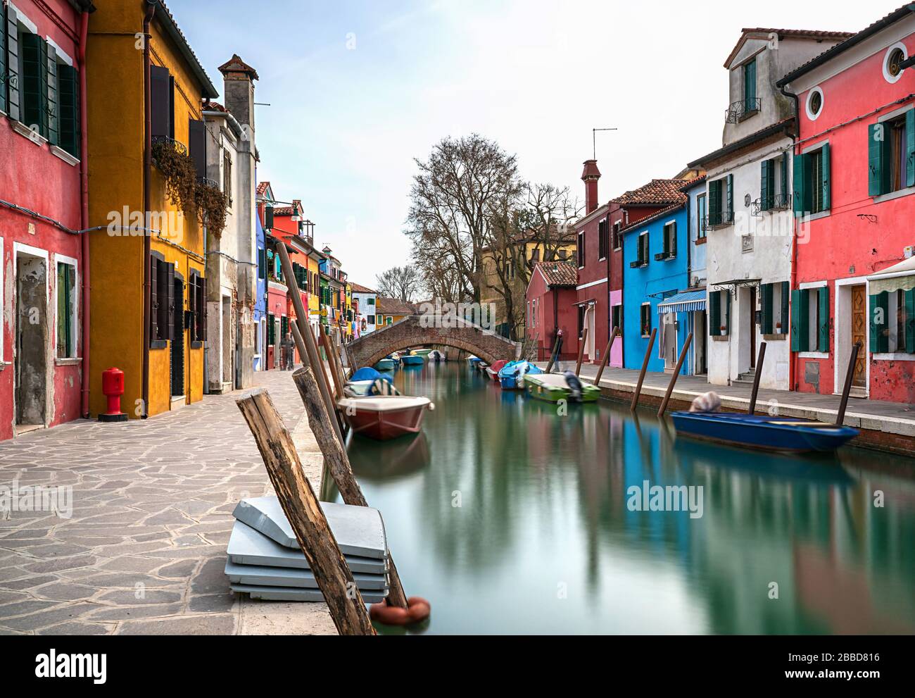 Italy; Venice; burano; colorful houses, restaurants and water channels on the island near venice Stock Photo