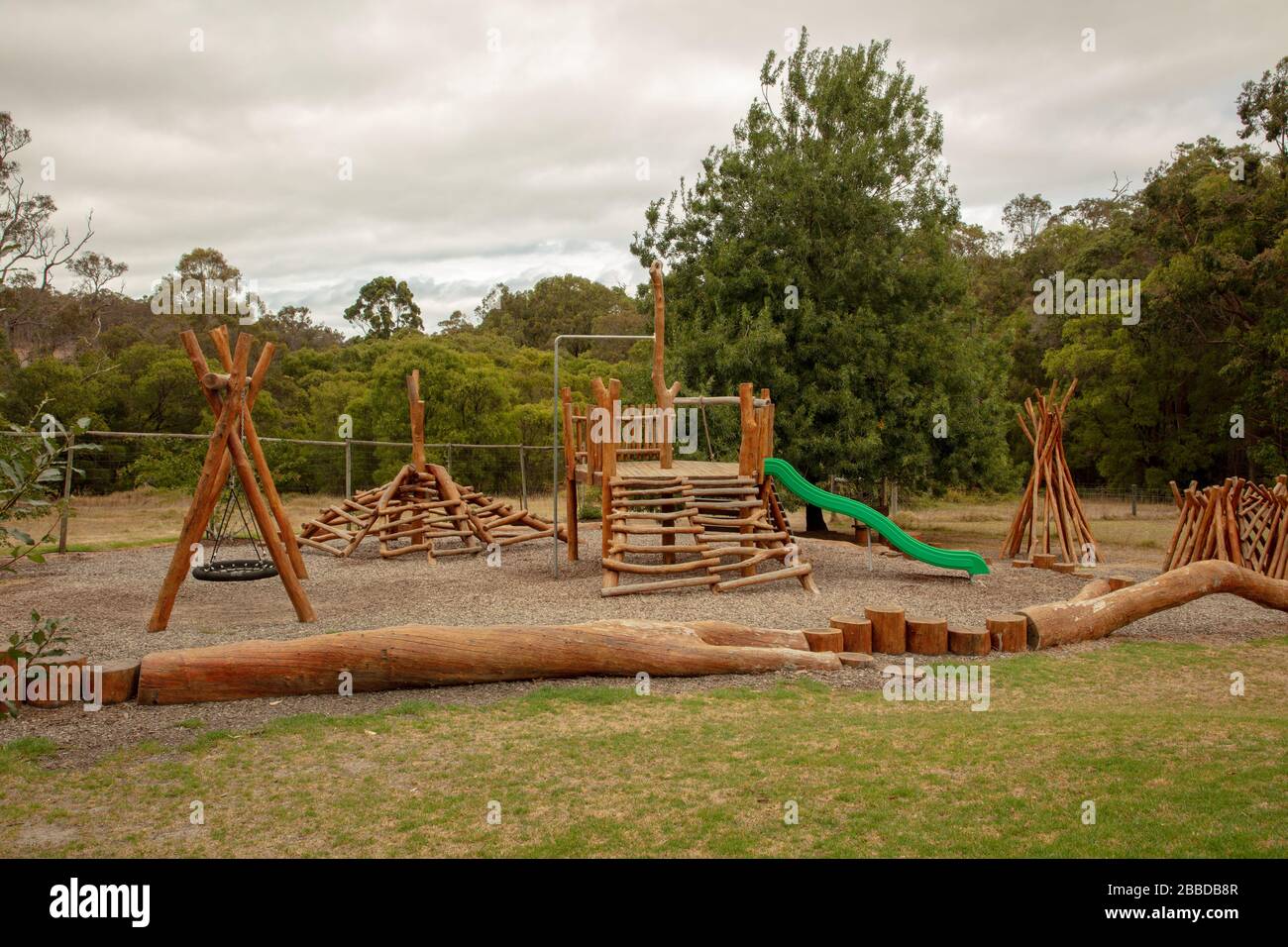 Playground with wooden equipment seen near Perth, western Australia