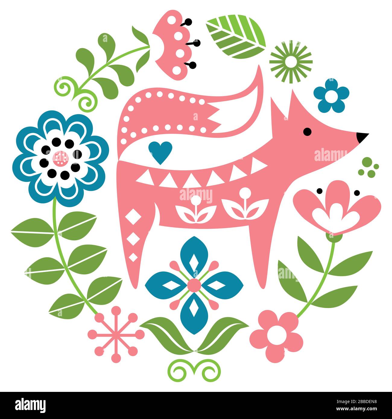 Scandinavian or Nordic folk art vector seamless pattern with flowers and fox, floral textile design inspired by traditional embroidery from Sweden, No Stock Vector