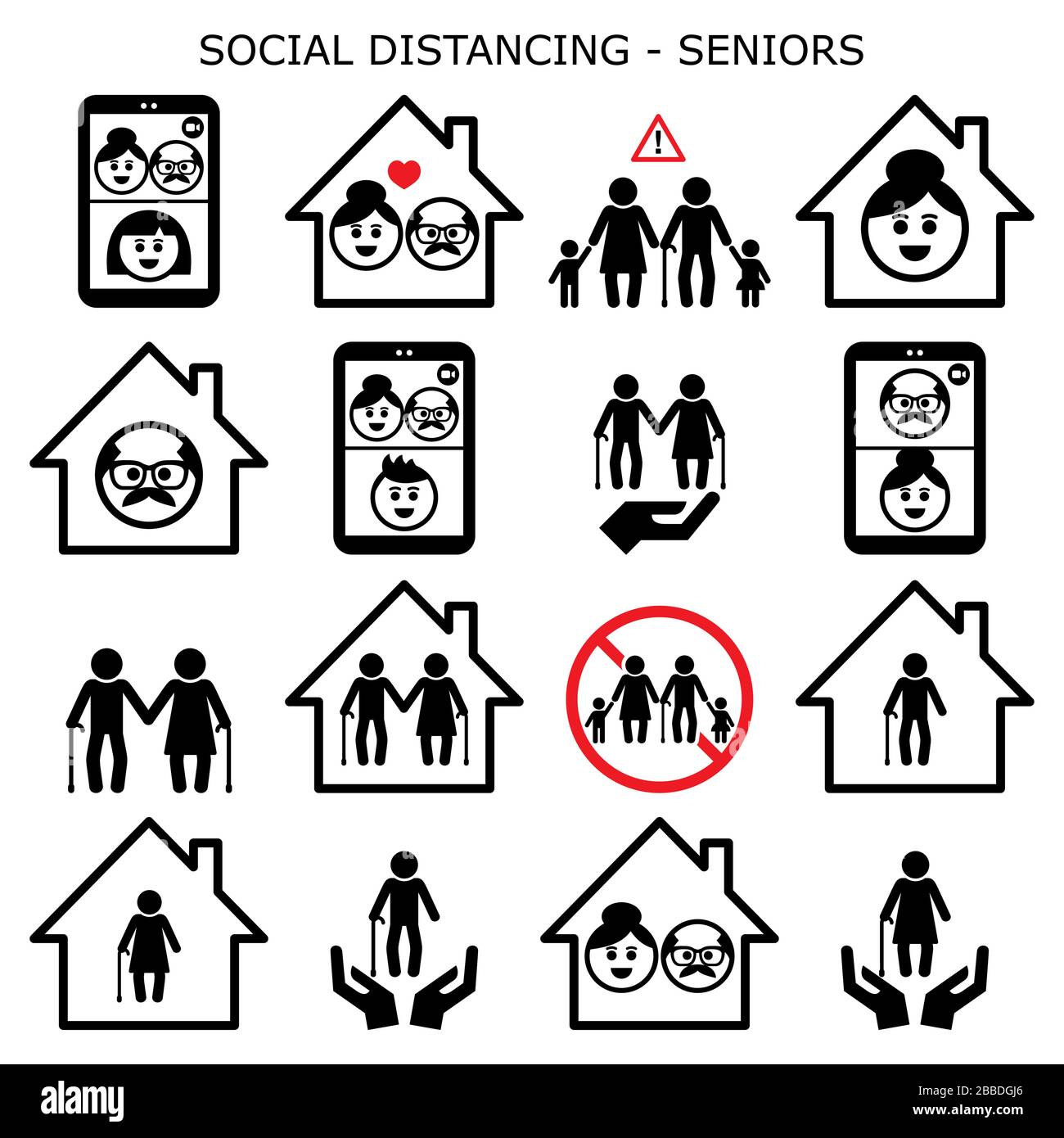 Senior man and woman social distancing at home vector icons set, grandparents leaving alone using video calls to connect with their grandchildren and Stock Vector