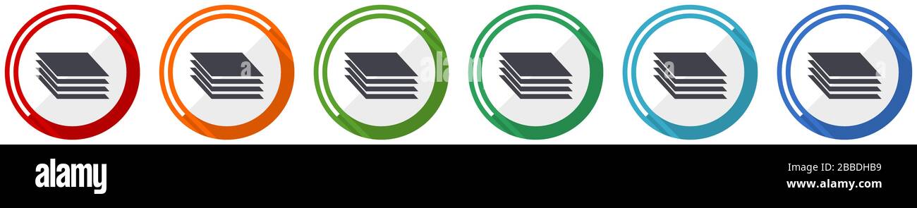 Layers icon set, flat design vector illustration in 6 colors options ...