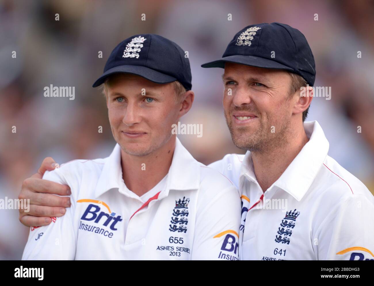 England S Graeme Swann Congratulates Joe Root Left On His Man Of The Match Award At The Close Of Play On Day Four Of The Second Investec Ashes Test At Lord S Cricket Ground
