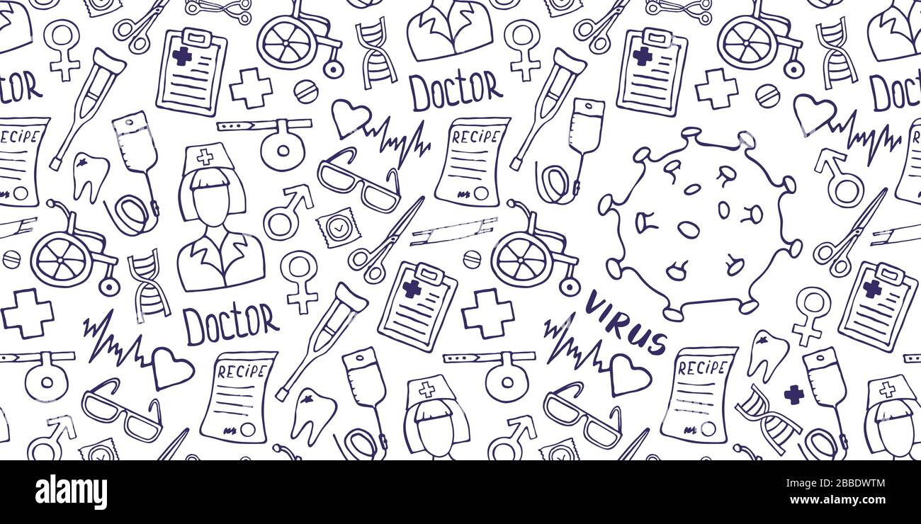 Medical background with virus icon. Medicine seamless doodle pattern. Hand drawn health care, pharmacy, chemical cartoon header. Vector illustrations. Stock Vector