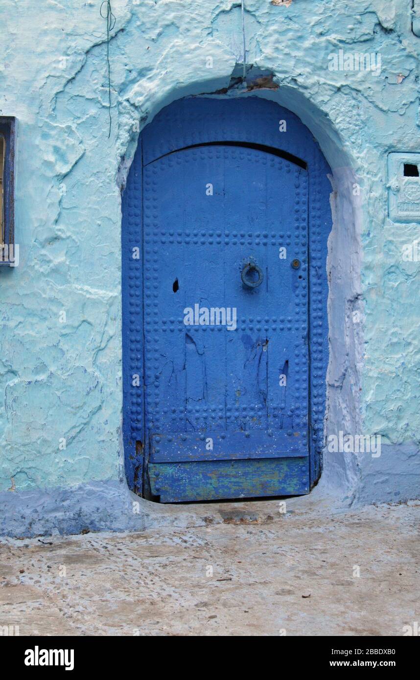 Blue door in the Medina of Chefchaouen, Morocco Stock Photo