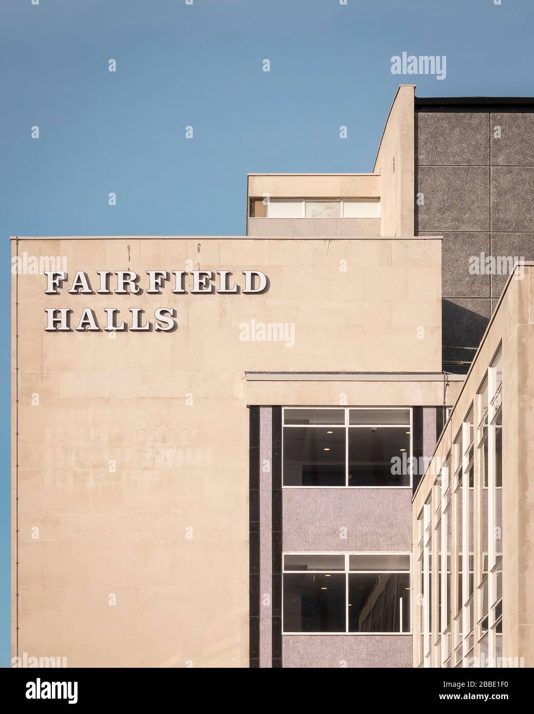 Fairfield Halls sign detail. Fairfield Halls, Croydon, United Kingdom. Architect MICA, 2019