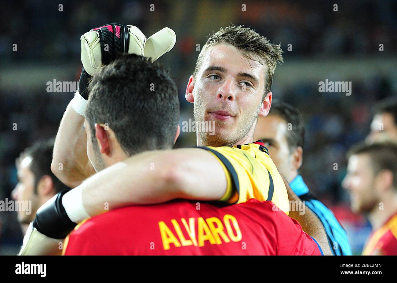 Spain's David De Gea and Alvaro Gonzalez celebrate winning the UEFA European Under 21 Championship 2013 Stock Photo