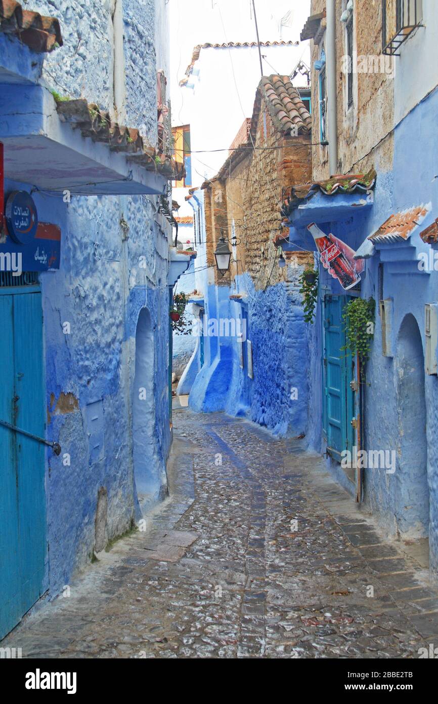 Blue alleyway in the Medina of Chefchaouen, Morocco Stock Photo