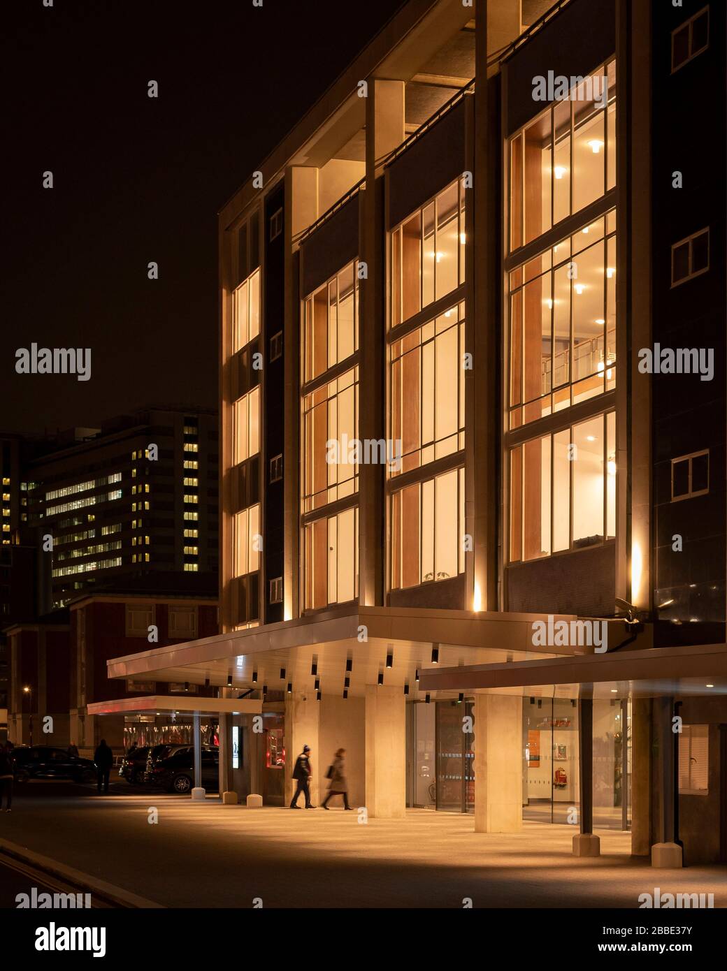 Fairfield Hall entrance at night. Fairfield Halls, Croydon, United Kingdom. Architect: MICA, 2019. Stock Photo