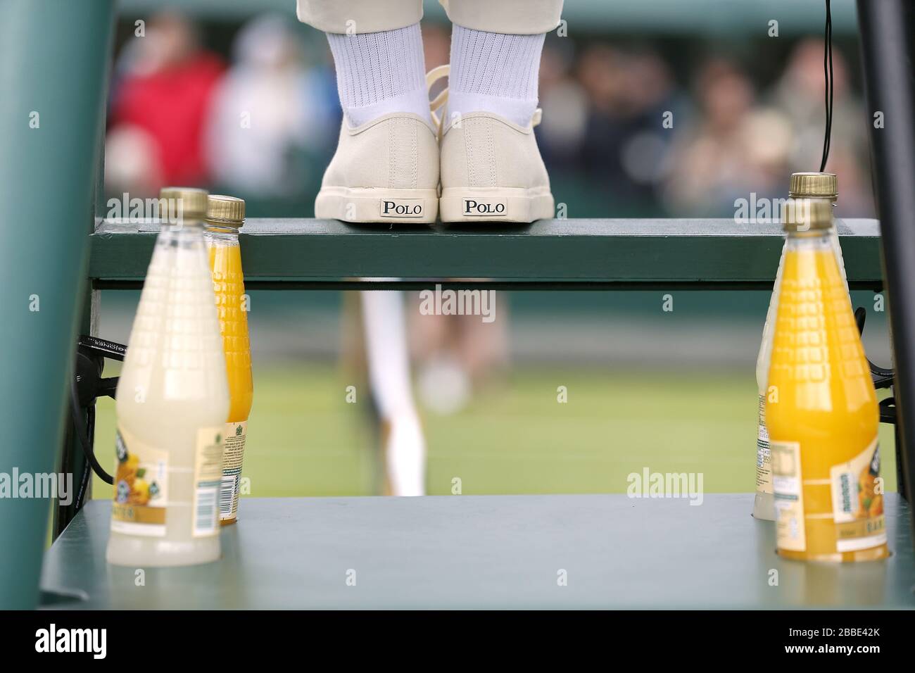 Detail of an umpire's chair during day one of the Wimbledon Championships at The All England
