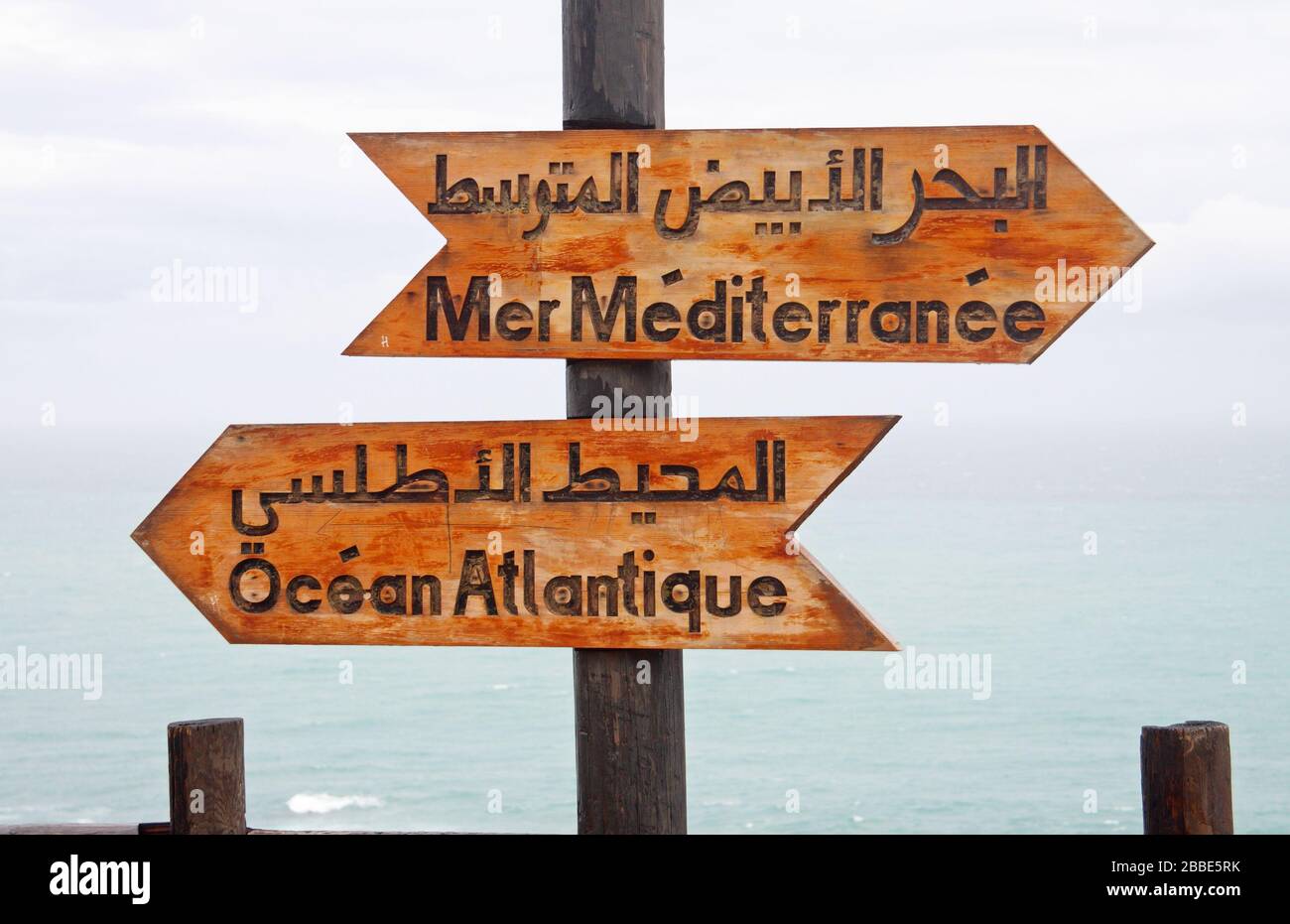 Signpost for the meeting point of the Atlantic and Mediterranean at Cape Spartel, near Tangier, Morocco Stock Photo