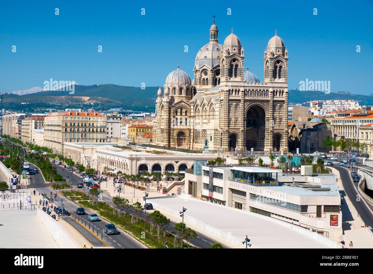 MARSEILLE, FRANCE - MAY 17: The Cathedral of Saint Mary Major on May 17, 2015 in Marseille, France. The Musee Regards de Provence, in the foreground, Stock Photo