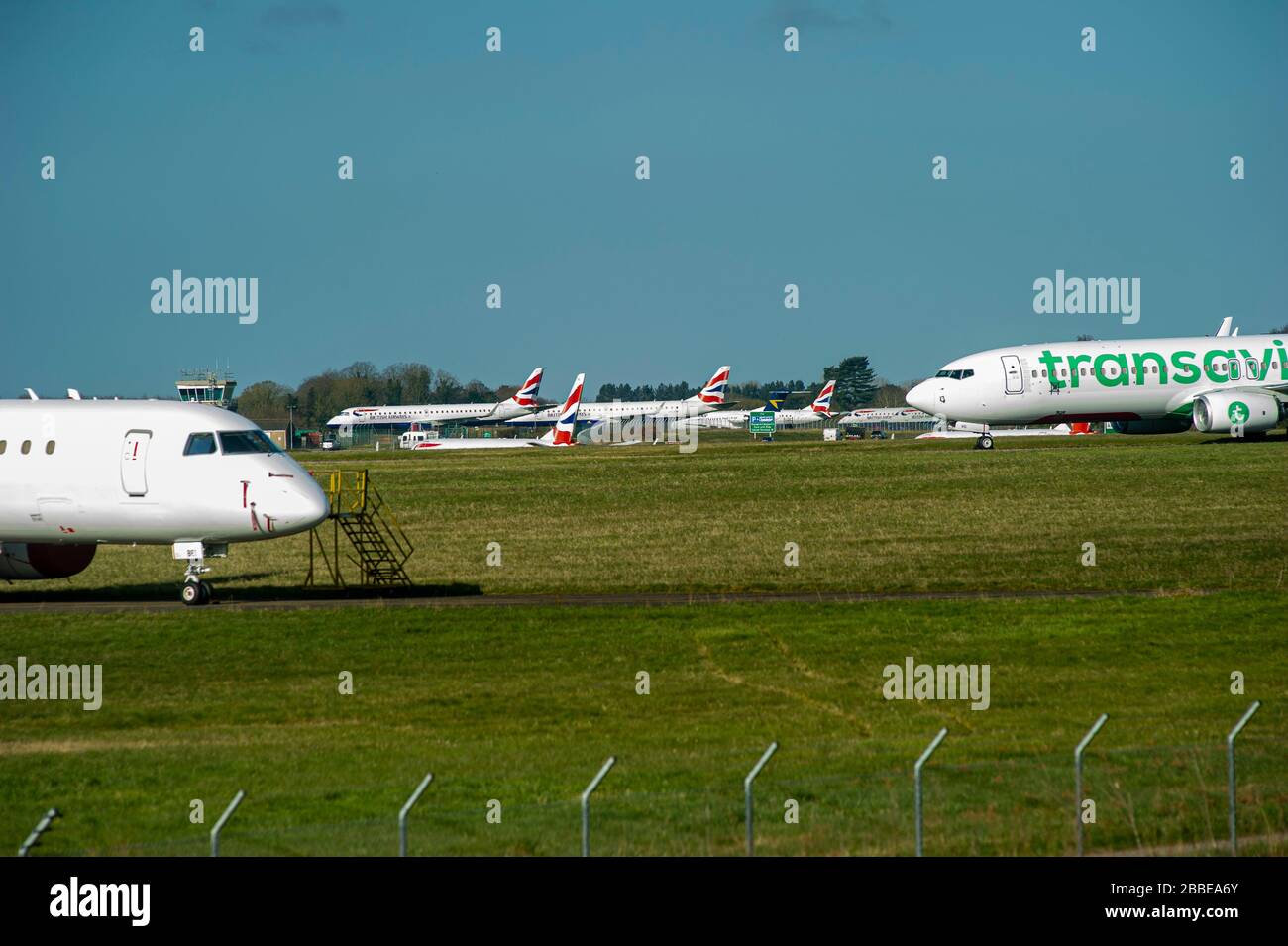 UK Coronavirus. Norwich International Airport, Norfolk, UK, 31st Mar 2020. Aircraft are being stored on the World War Two vintage perimeter tracks at Norwich International Airport to alleviate problems at at other UK airports due to flight cancellations caused by the Coronavirus outbreak.  Credit Jason Bye/Alamy Live News Stock Photo