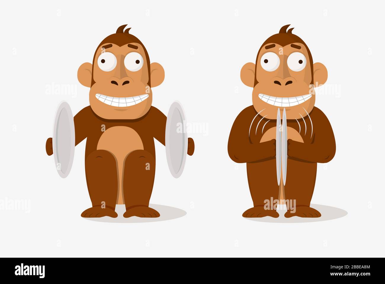Two cartoon crazy smile monkey playing banding cymbals vector graphic illustration Stock Vector