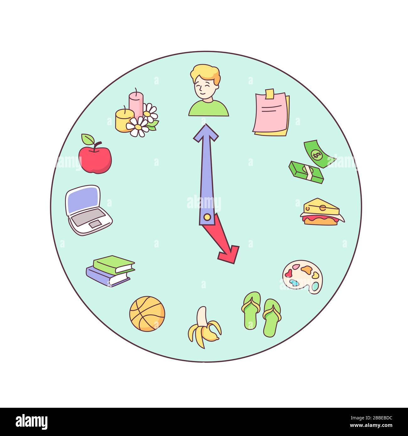 Cartoon clock time with icons for productivity and schedule vector graphic illustration Stock Vector