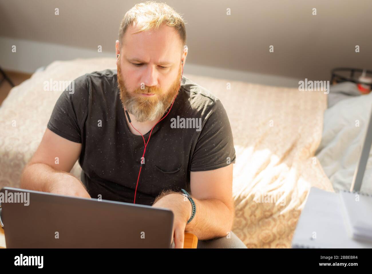 Work from home because pandemic. Remote office. IT specialist conduct online meetings Stock Photo