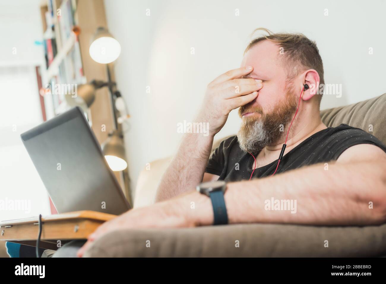 Work from home because pandemic. Remote office. IT specialist conduct online meetings Stock Photo