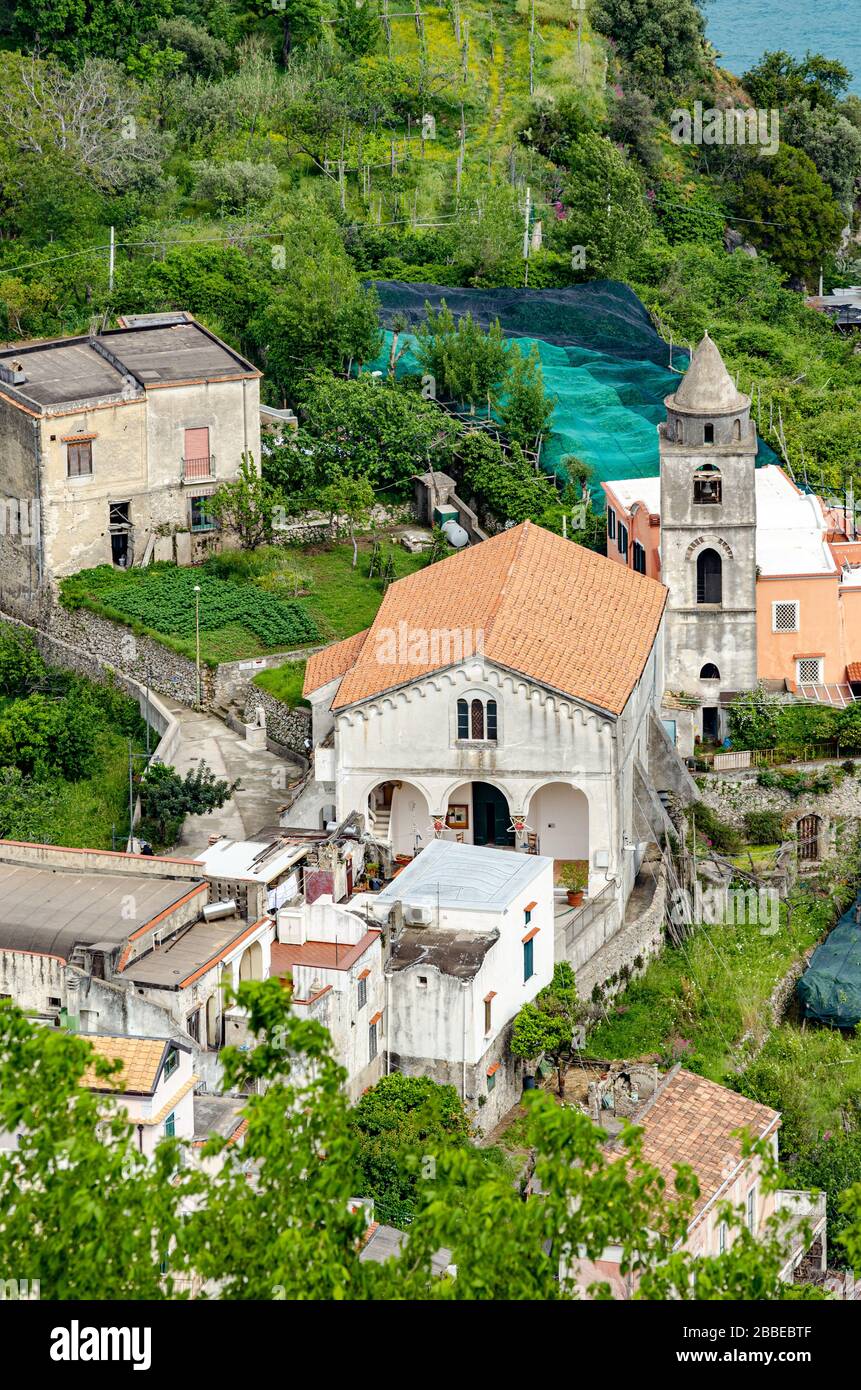 Ravello on the Amalfi Coast, Italy. May 05th, 2018. view of the houses in the green gardens surrounded by lemon groves. Stock Photo