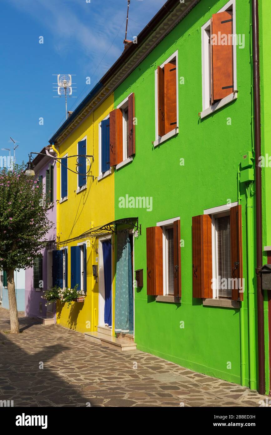 Green, yellow and pink house facades with storm shutters on windows and flagstone sidewalk, Burano Island, Venetian Lagoon, Venice, Veneto, Italy Stock Photo