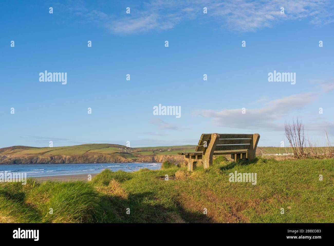 View from a bench located in Parrog, Newport, Pembrokeshire. Wales. UK Stock Photo