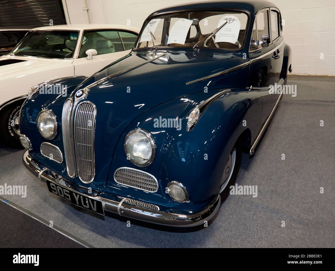 Three-quarter front view of a 1961, BMW 502 (2600L) on display at the 2020 London Classic Car Show Stock Photo