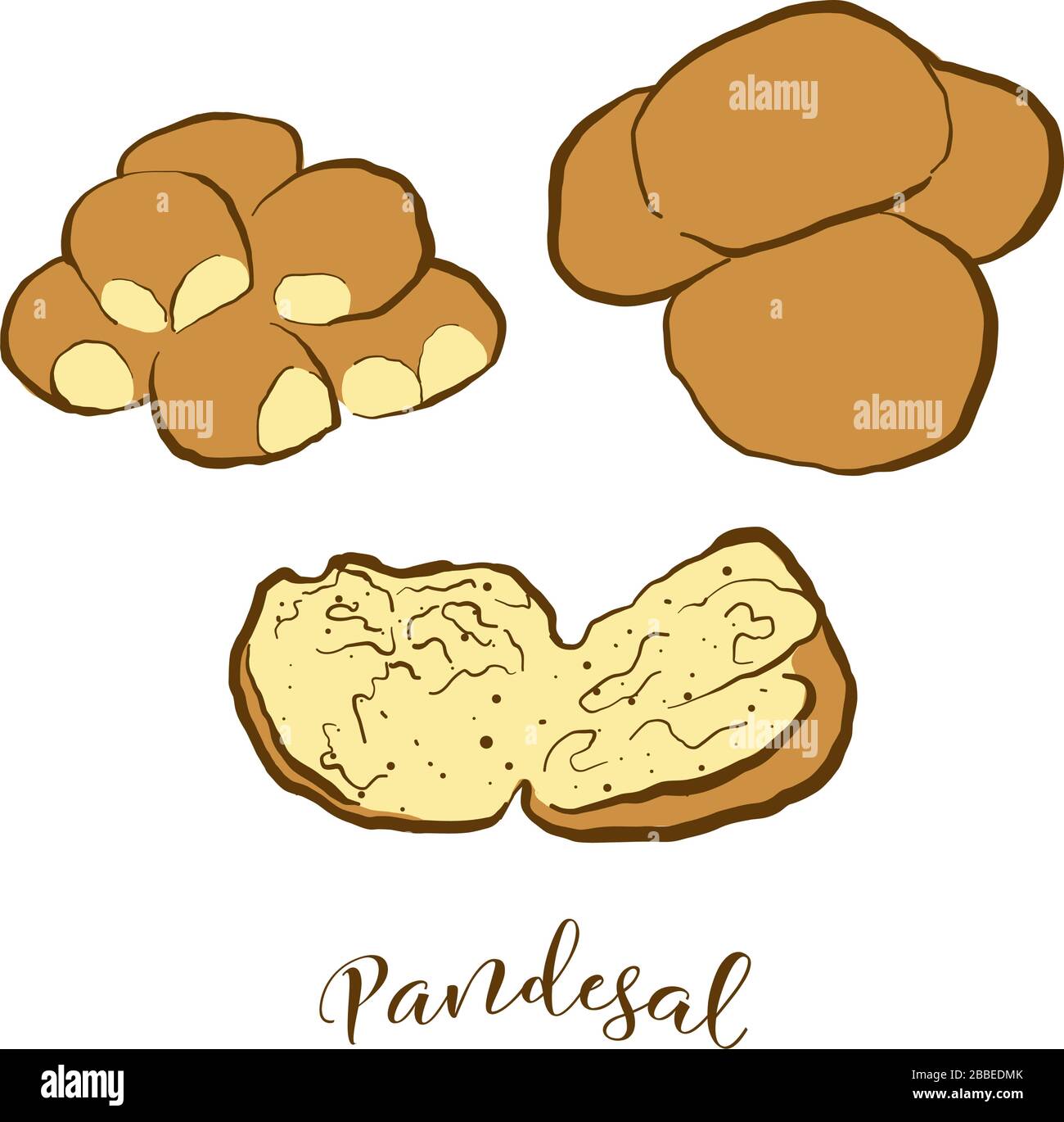 Colored drawing of Pandesal bread. Vector illustration of Sweet bread food, usually known in Philippines. Colored Bread sketches. Stock Vector