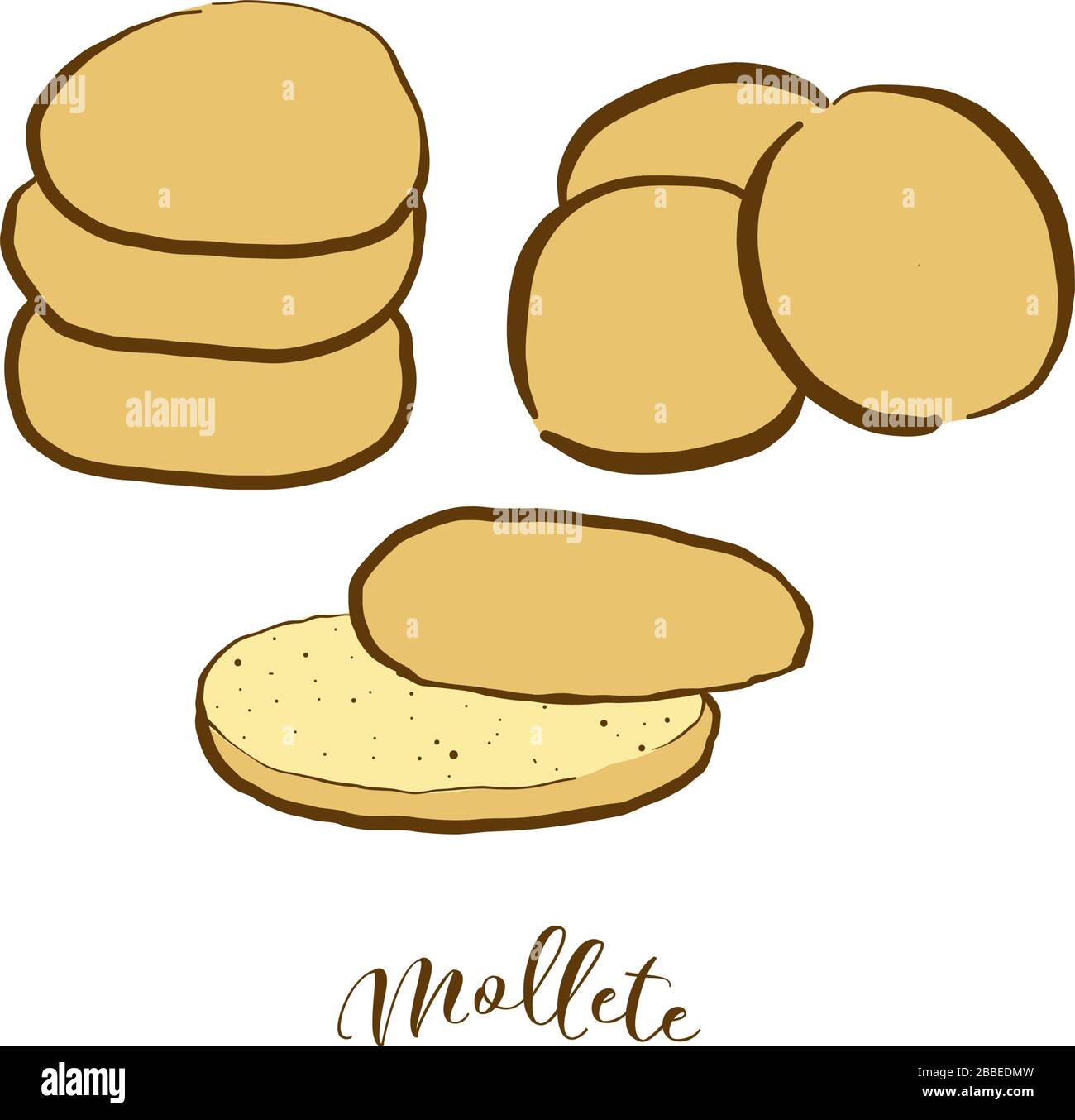 Colored drawing of Mollete bread. Vector illustration of Flatbread, White food, usually known in Andalusia, Spain. Colored Bread sketches. Stock Vector