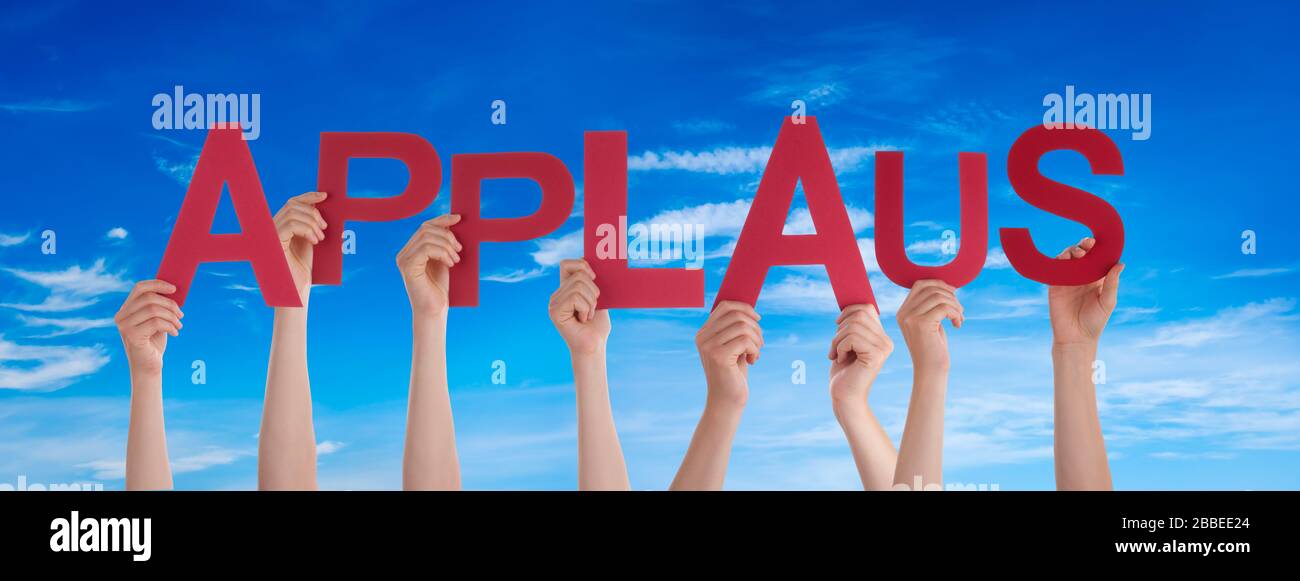 People Hands Holding Word Applaus Means Applause, Blue Sky Stock Photo
