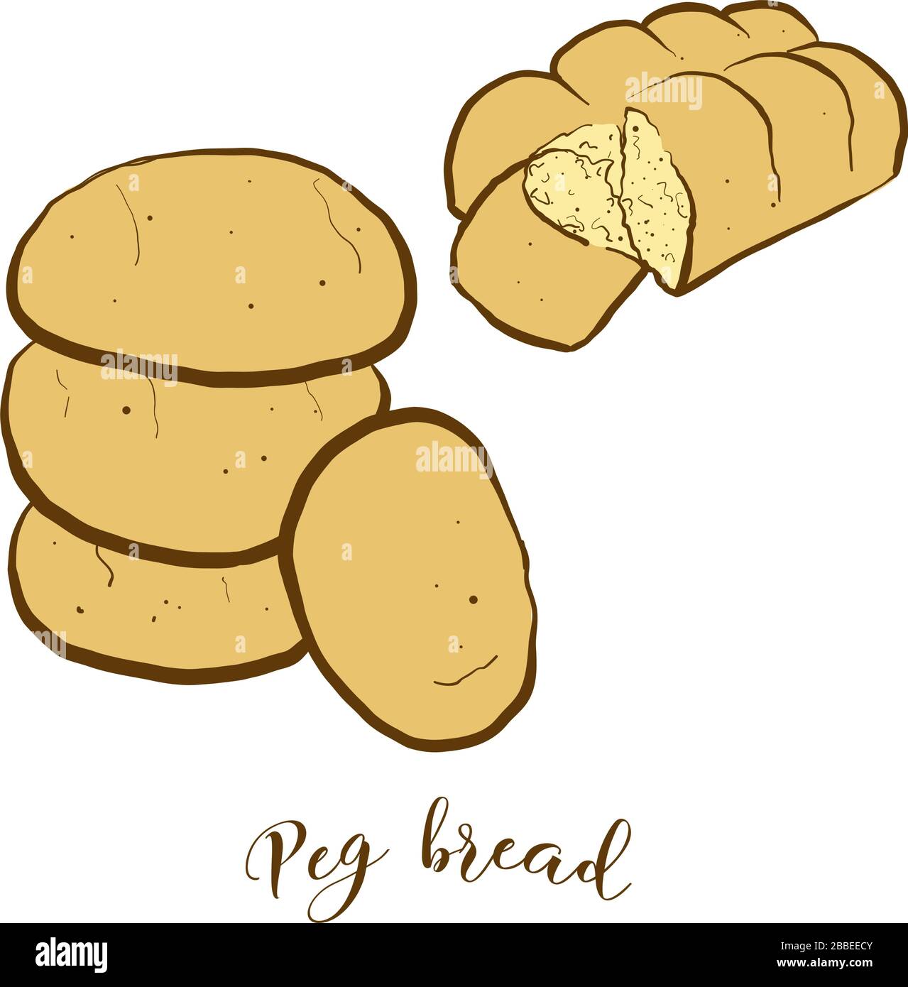 Colored drawing of Peg bread bread. Vector illustration of Leavened, lobed loaf food, usually known in Jamaica. Colored Bread sketches. Stock Vector