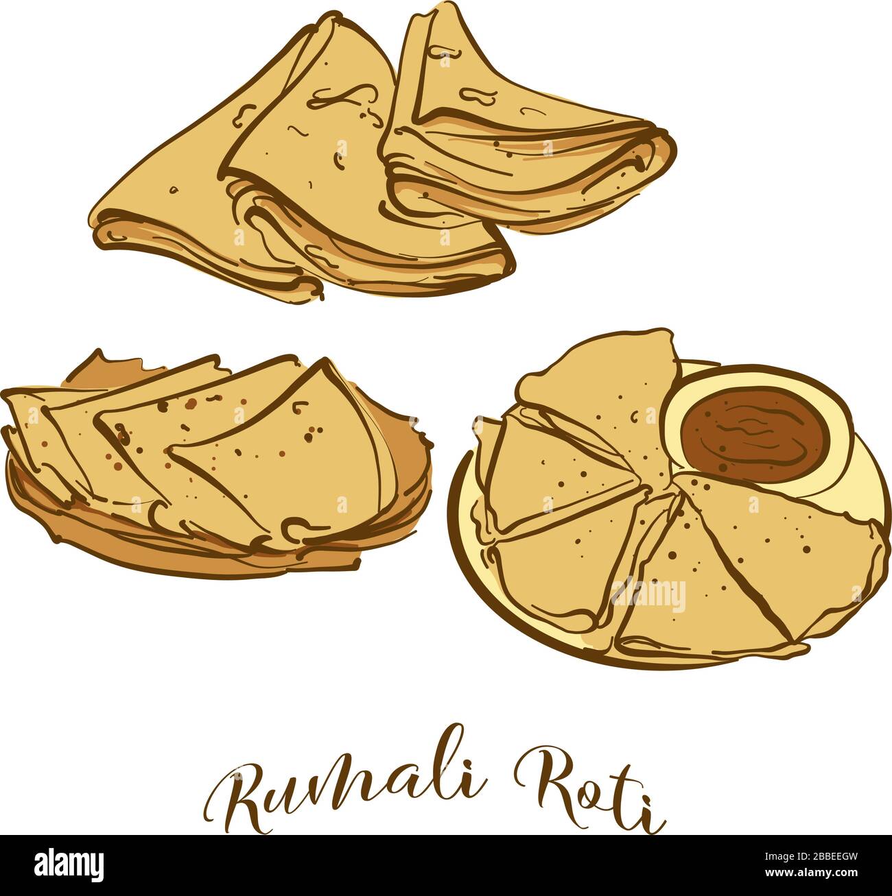 Colored drawing of Rumali Roti bread. Vector illustration of Flatbread food, usually known in India. Colored Bread sketches. Stock Vector
