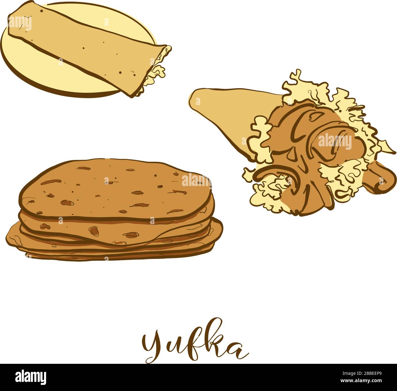 Colored drawing of Yufka bread. Vector illustration of Flatbread food, usually known in Turkey, Bulgaria. Colored Bread sketches. Stock Vector