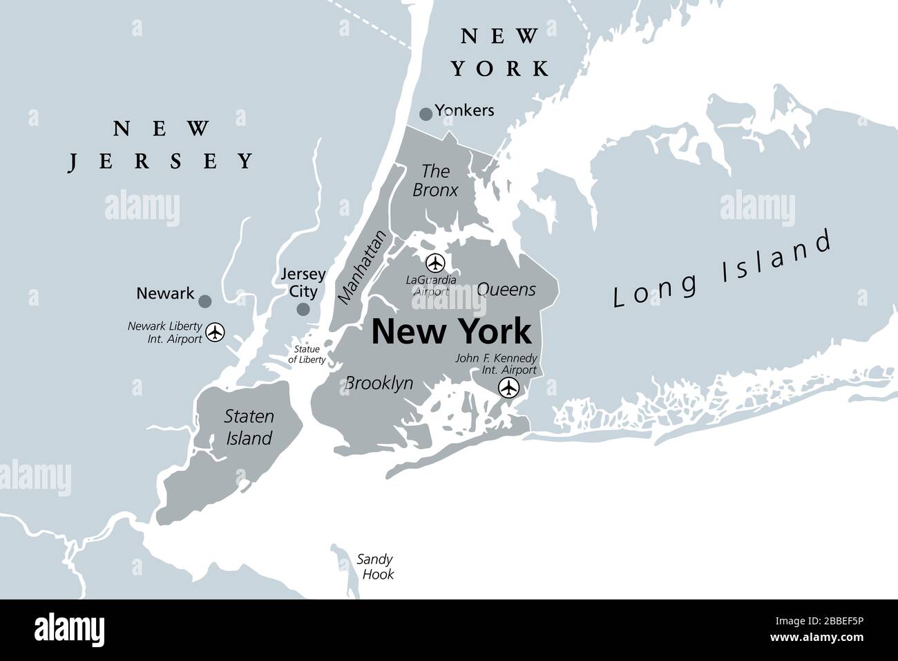 New York City gray political map. Most populous city in United States in State of New York. Manhattan, Bronx, Queens, Brooklyn, Staten Island. Stock Photo