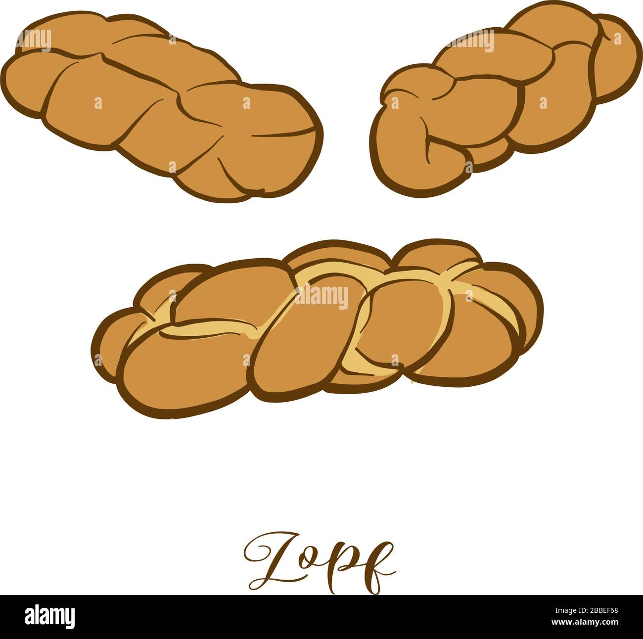 Colored drawing of Zopf bread. Vector illustration of Leavened, White food, usually known in Switzerland, Germany. Colored Bread sketches. Stock Vector