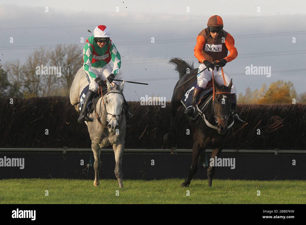 Rajdhani Express ridden by Mr S Waley-Cohen (R) and race wiiner Elenika ridden by Ruby Walsh in jumping action during the Tom Jones Memorial HTJ Centr Stock Photo