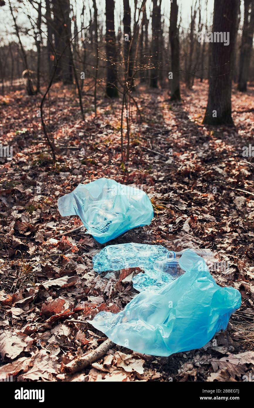 Plastic waste left in forest. Concept of plastic pollution and irresponsibility for environment. Environmental issue. Environmental damage Stock Photo