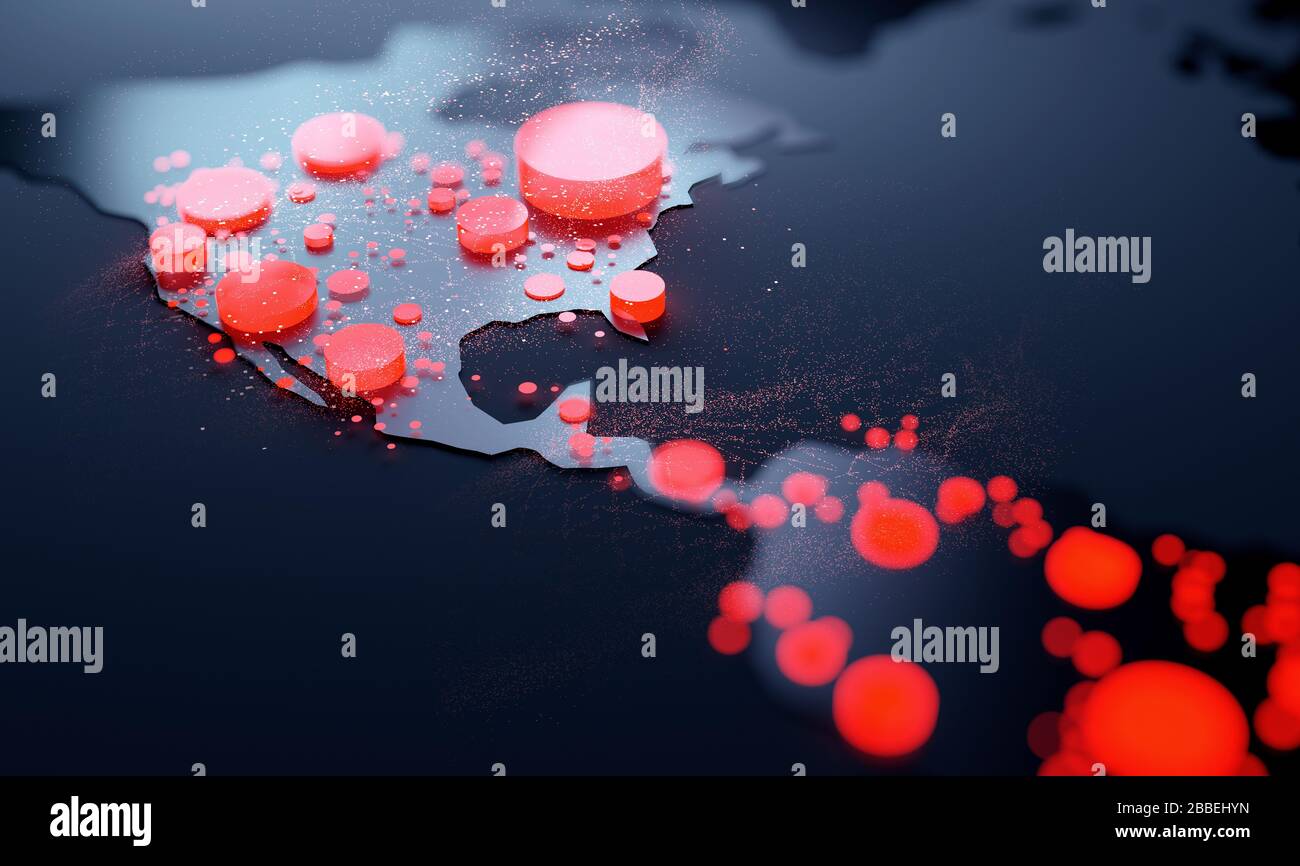 Data visualization of the spread of Covid-19 coronavirus spreading across America Pandemic 3D illustration. Stock Photo