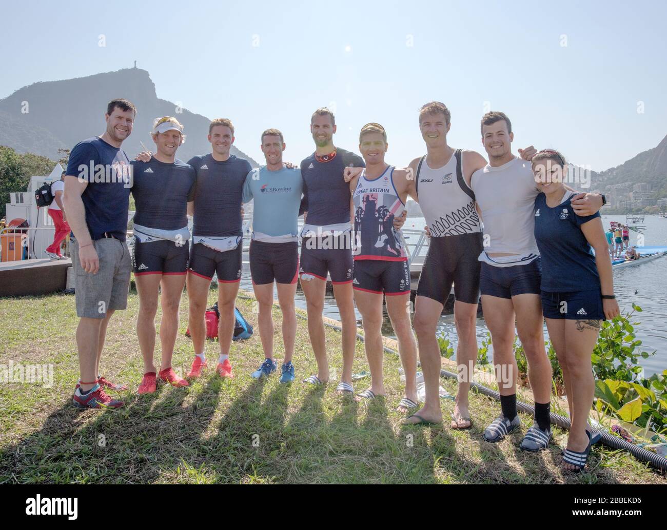 Rio de Janeiro. BRAZIL. left to right. Lucas MCGEE, Andy T HODGE, Peter REED, Charles COLE, Paul BENNETT, Constantine LOULOUDIS, George DRINKWATER. Mike DISANTO and Zoe DE TOLEDO. Oxford University Rowing Blues, Rio, 2016 Olympic Rowing Regatta. Lagoa Stadium, Copacabana,  ÒOlympic Summer GamesÓ Rodrigo de Freitas Lagoon, Lagoa. Local Time 15:15:14  Friday  05 August  2016 [Mandatory Credit; Peter SPURRIER/Intersport Images] Stock Photo