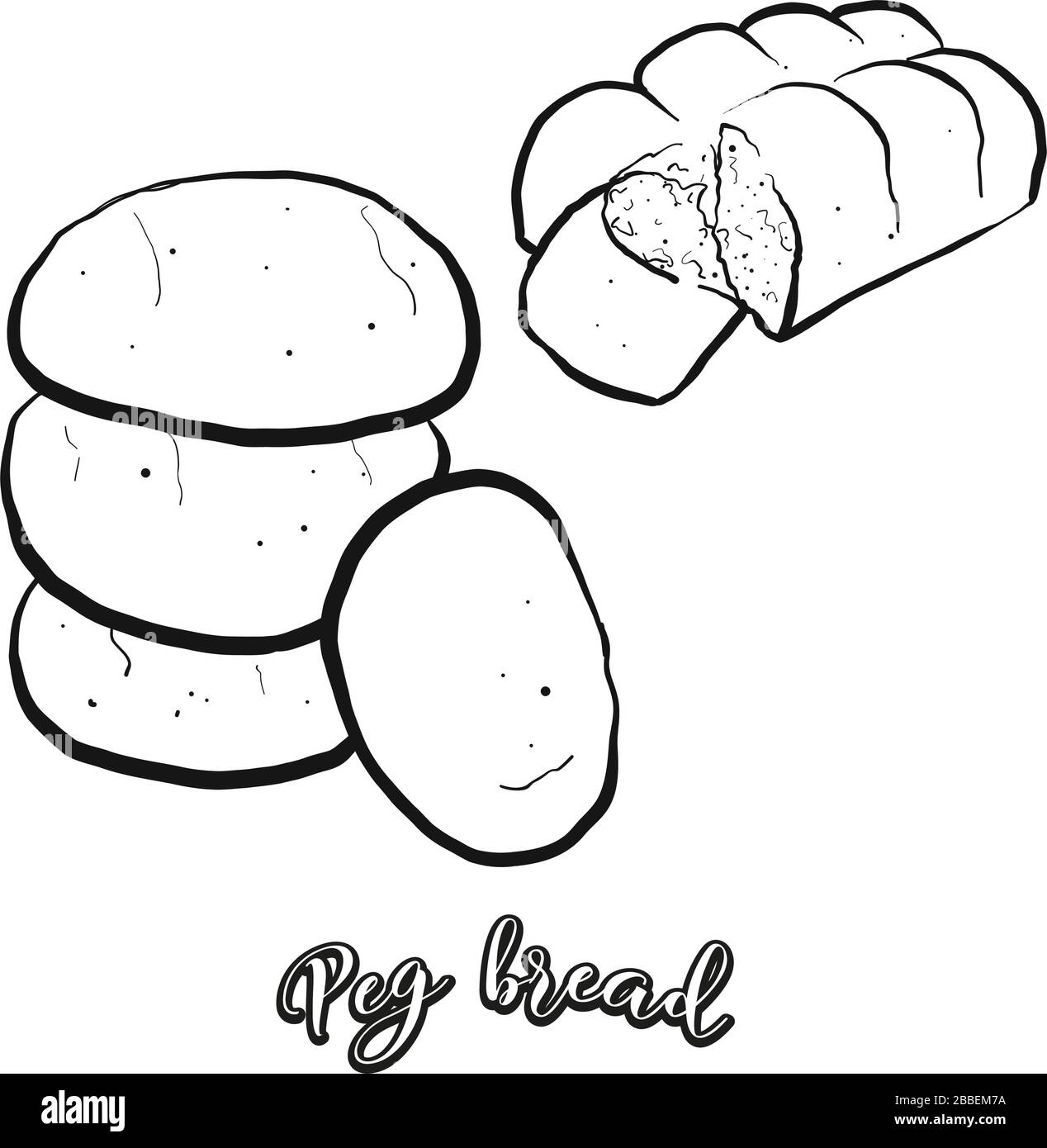 Peg bread food sketch separated on white. Vector drawing of Leavened, lobed loaf, usually known in Jamaica. Food illustration series. Stock Vector