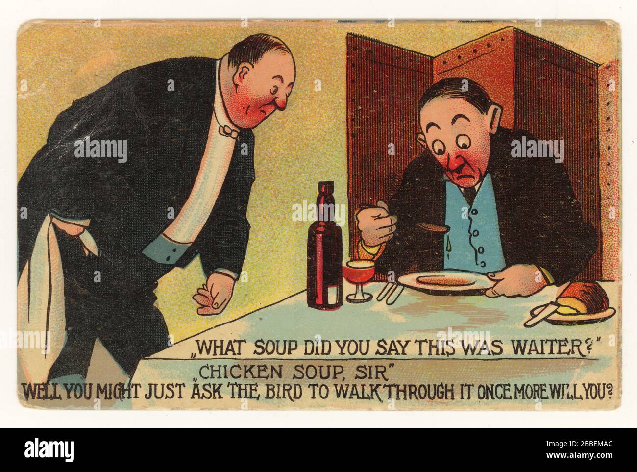 Early 1900's British comic postcard depicting stingy portion of chicken in the soup served at a restaurant, posted August 1913, U.K. Stock Photo