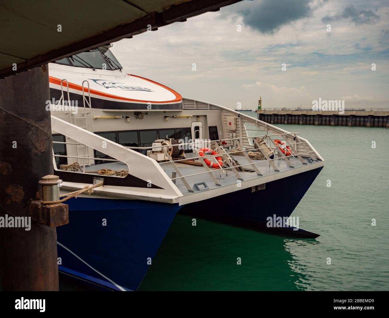 INDONESIA – 6 MAR 2020 – Docked ferry boat at the Bintan Island ferry terminal, Indonesia. Many tourists travel to Bintan Island by ferry Stock Photo