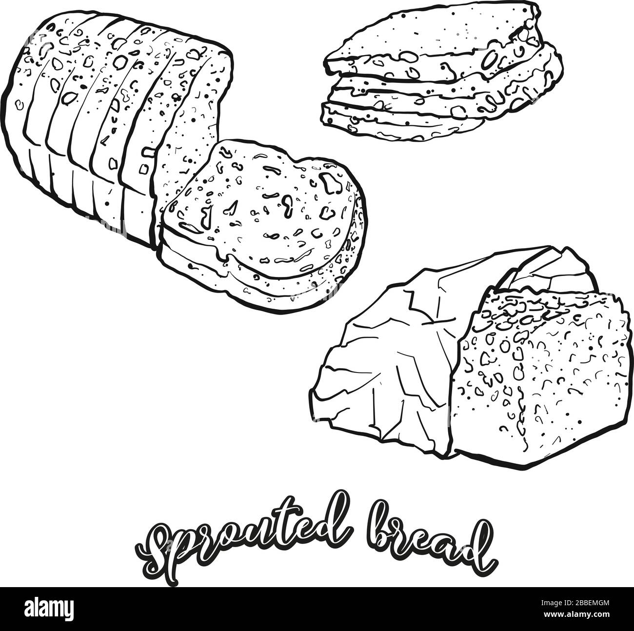 Sprouted bread food sketch separated on white. Vector drawing of Sprouted, usually known in Europe. Food illustration series. Stock Vector