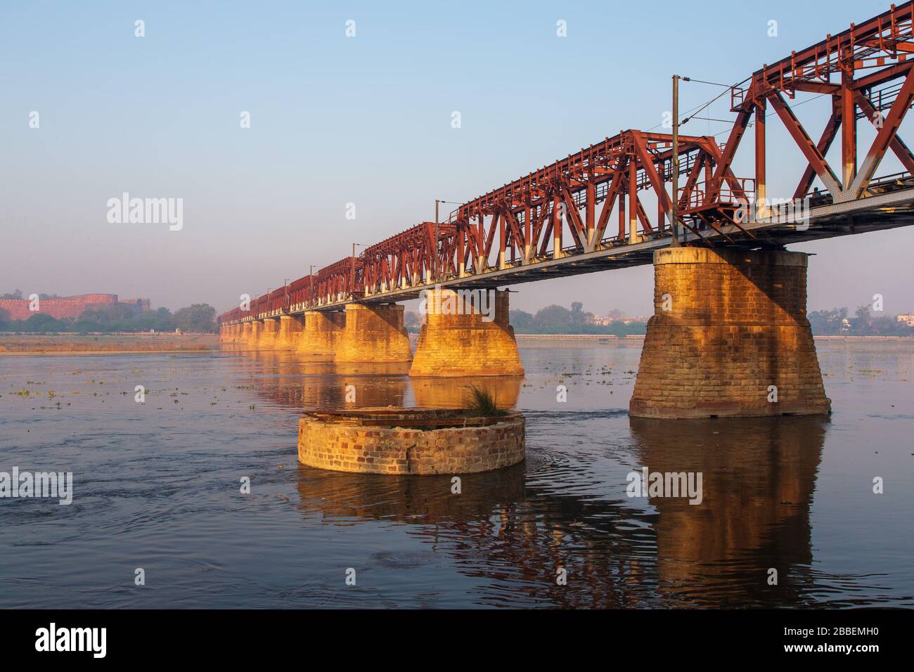 Train Bridge at Yamuna River in Agra India. Stock Photo