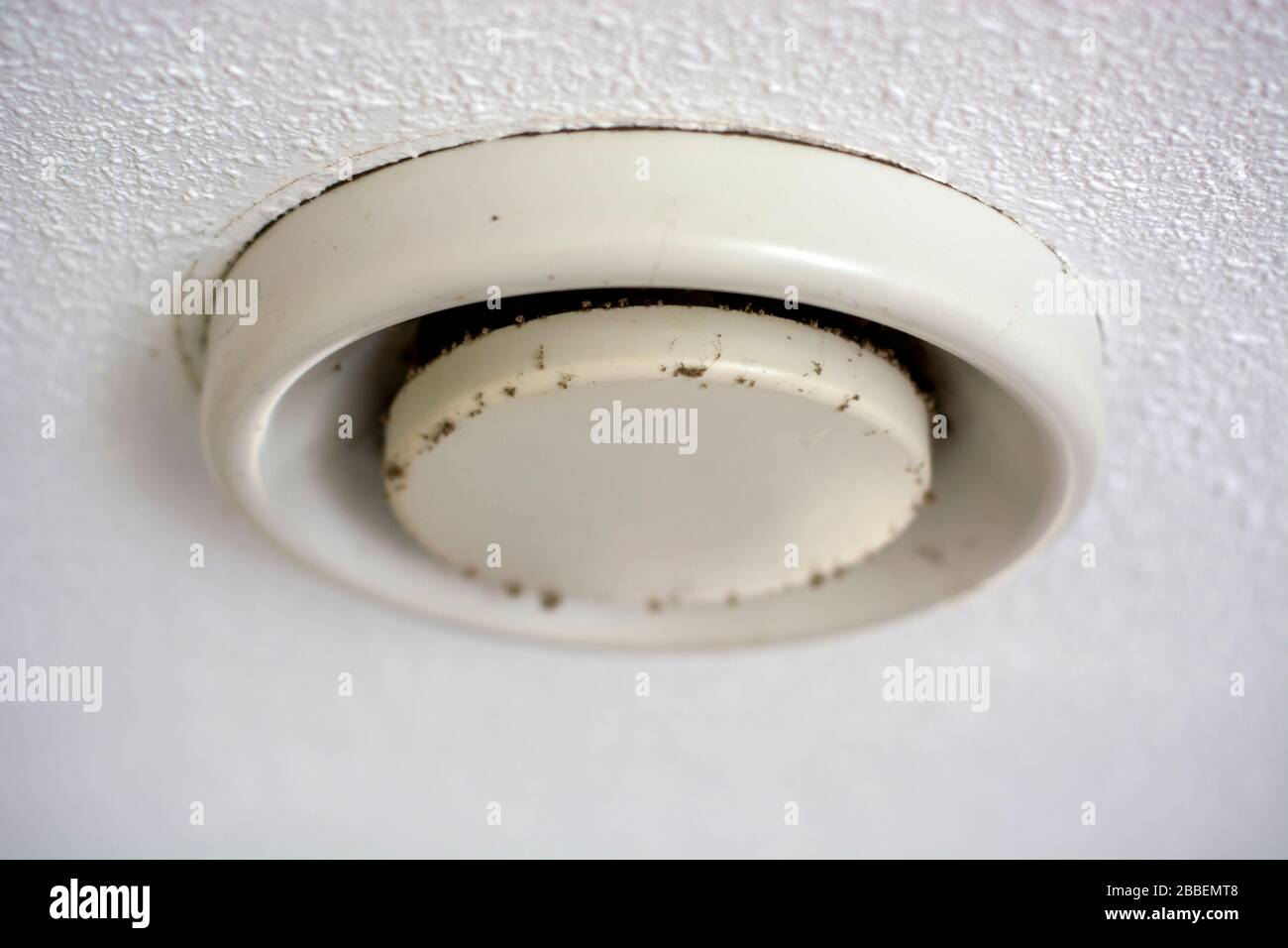 Dirty old yellow used ceiling ventilation valve covered with dust and mold Stock Photo