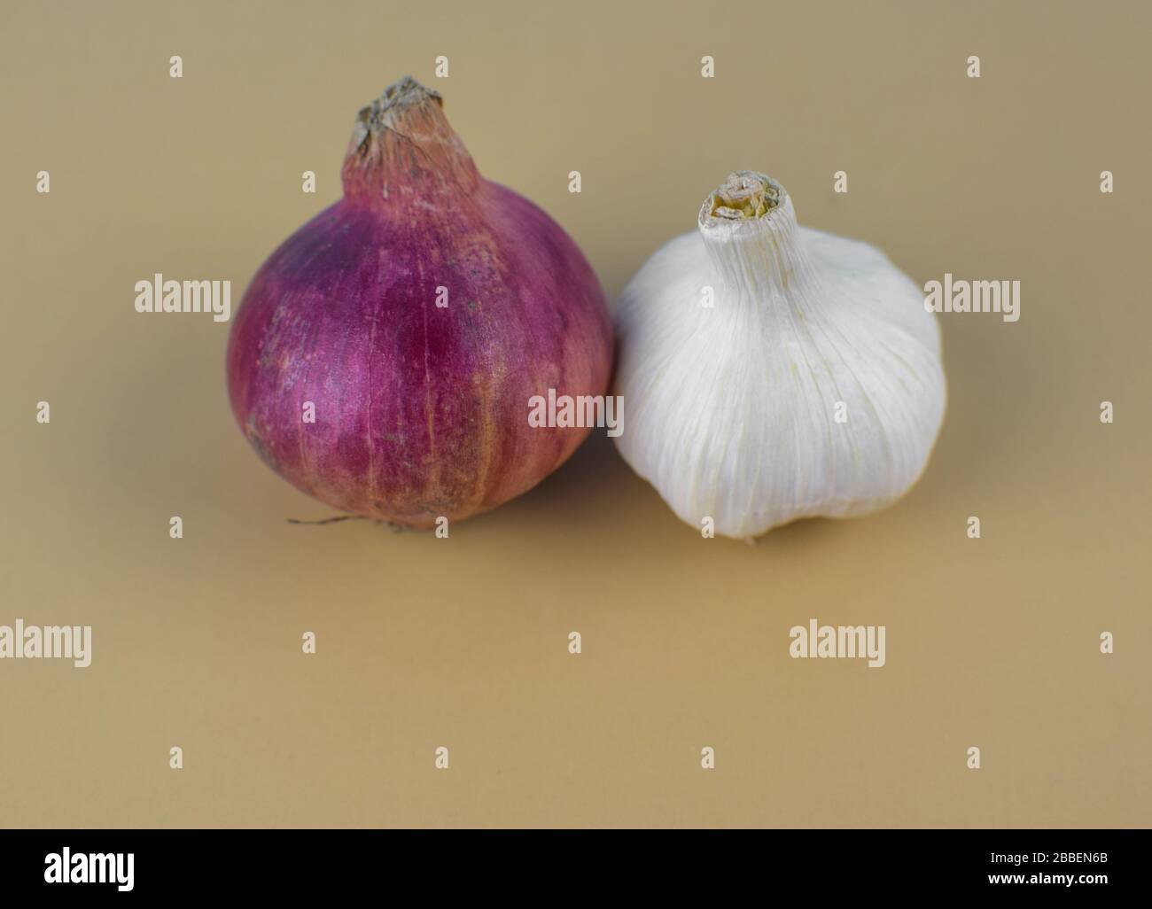 A Medium Size Red Onion And A Medium Size White Colored Garlic Placed Beside One Another In Front A Brown Background Stock Photo Alamy