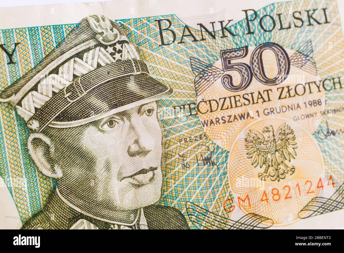 Old 1988 Polish 50 sloty paper currency banknote with portrait of Karol Swierczewski, Studio Composition, Quebec, Canada Stock Photo