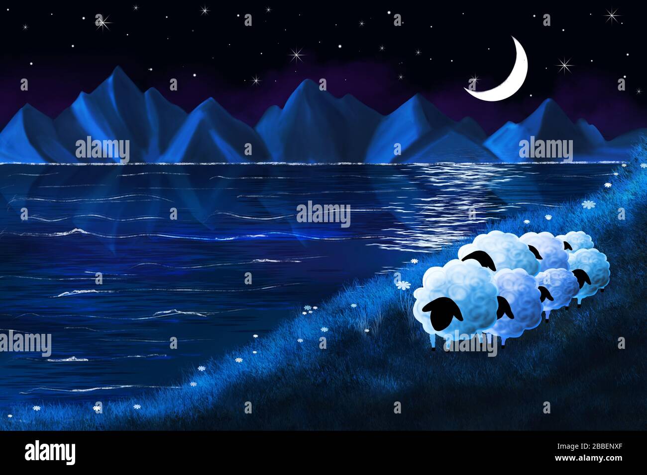 Seven lambs in the moonlight on the seashore. Illustration in blue night colors. Stock Photo