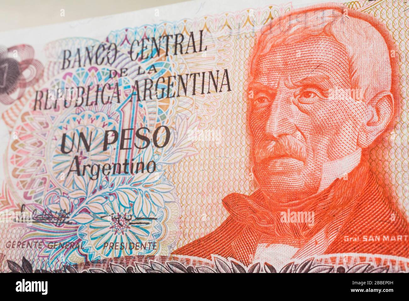 Discontinued Argentinian one peso paper currency banknote with portrait of General Jose de San Martin, Studio Composition, Quebec, Canada Stock Photo
